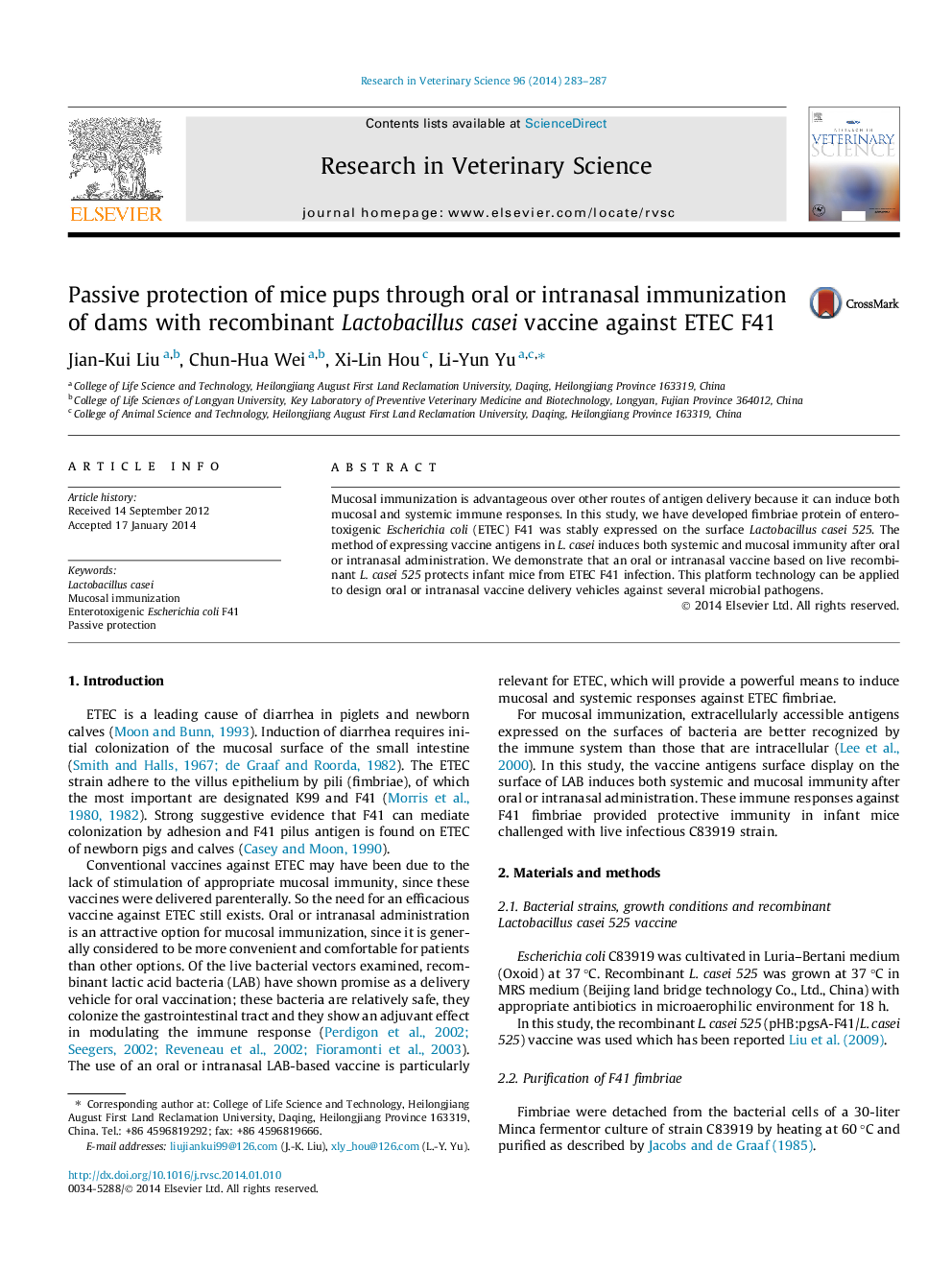 Passive protection of mice pups through oral or intranasal immunization of dams with recombinant Lactobacillus casei vaccine against ETEC F41