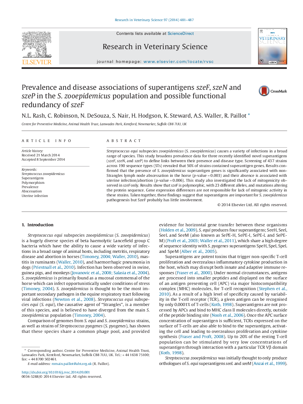 Prevalence and disease associations of superantigens szeF, szeN and szeP in the S. zooepidemicus population and possible functional redundancy of szeF