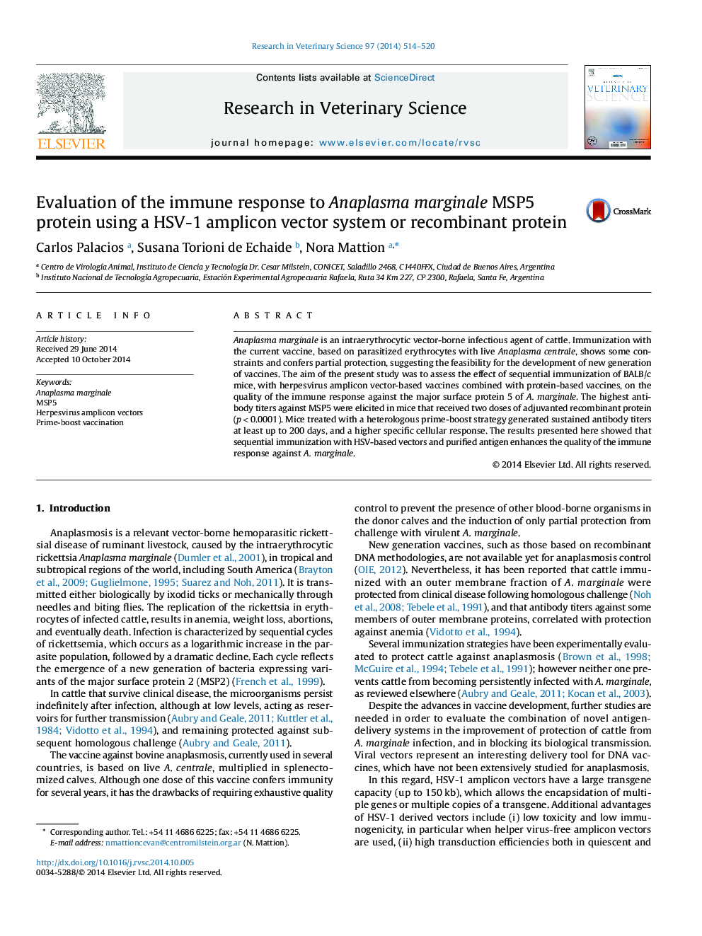 Evaluation of the immune response to Anaplasma marginale MSP5 protein using a HSV-1 amplicon vector system or recombinant protein