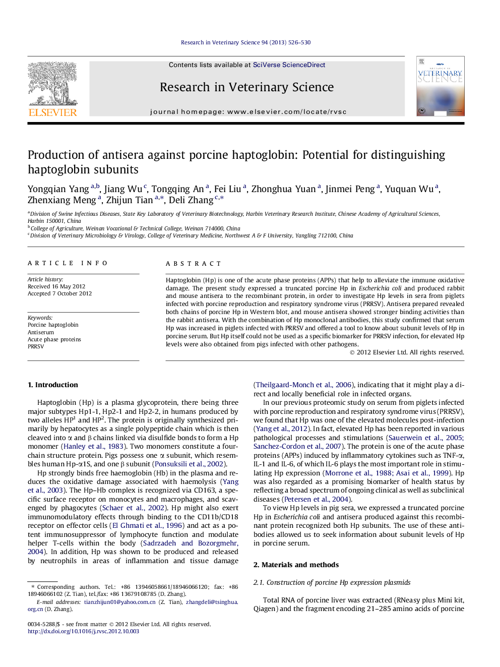 Production of antisera against porcine haptoglobin: Potential for distinguishing haptoglobin subunits