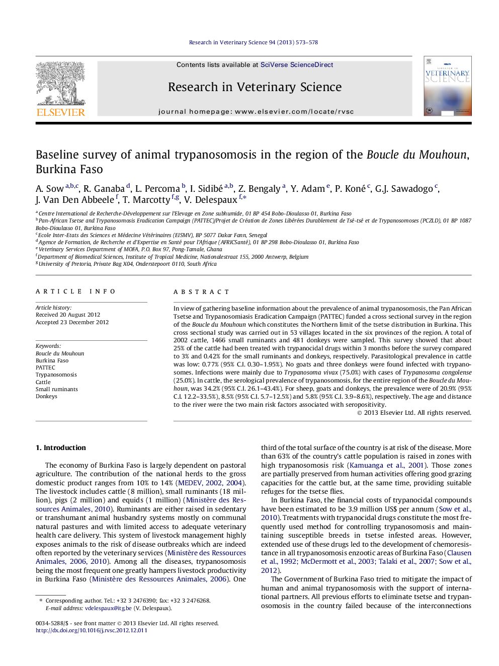 Baseline survey of animal trypanosomosis in the region of the Boucle du Mouhoun, Burkina Faso