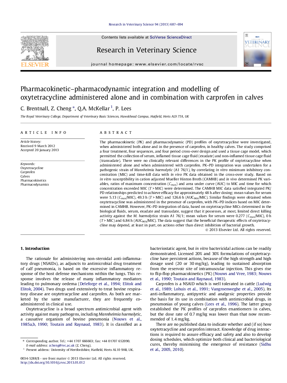 ادغام فارماکوکینتیک-فارماکودینامیک و مدل سازی اکسایت تری سایکلین به تنهایی و در ترکیب با کارپروفن در گوساله ها 