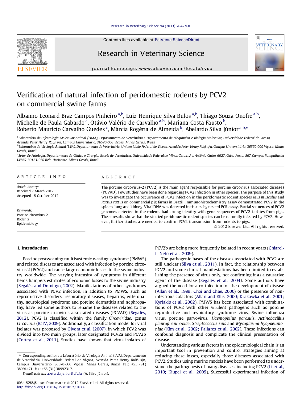 Verification of natural infection of peridomestic rodents by PCV2 on commercial swine farms