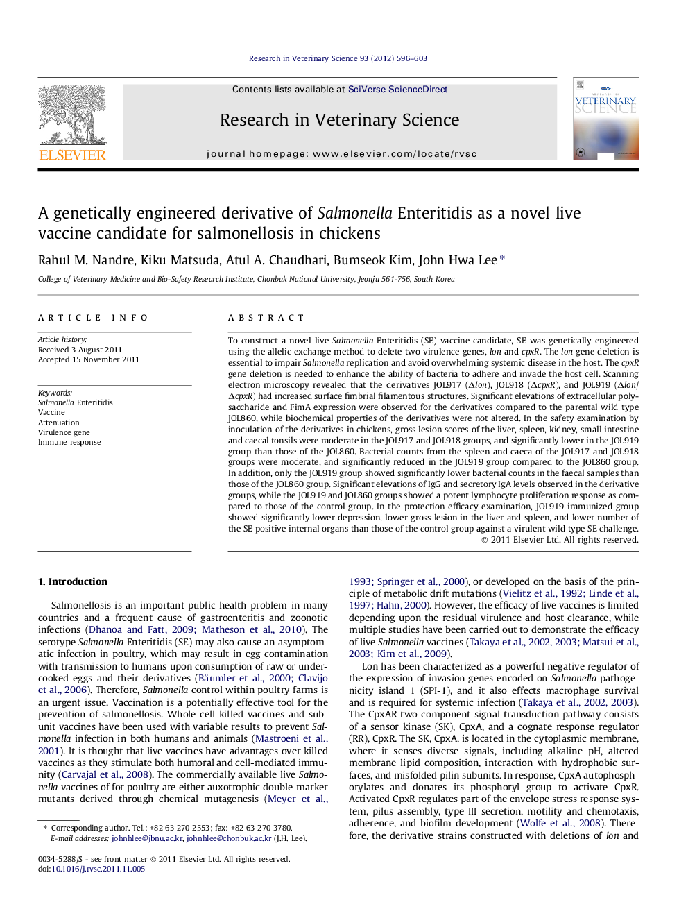 A genetically engineered derivative of Salmonella Enteritidis as a novel live vaccine candidate for salmonellosis in chickens