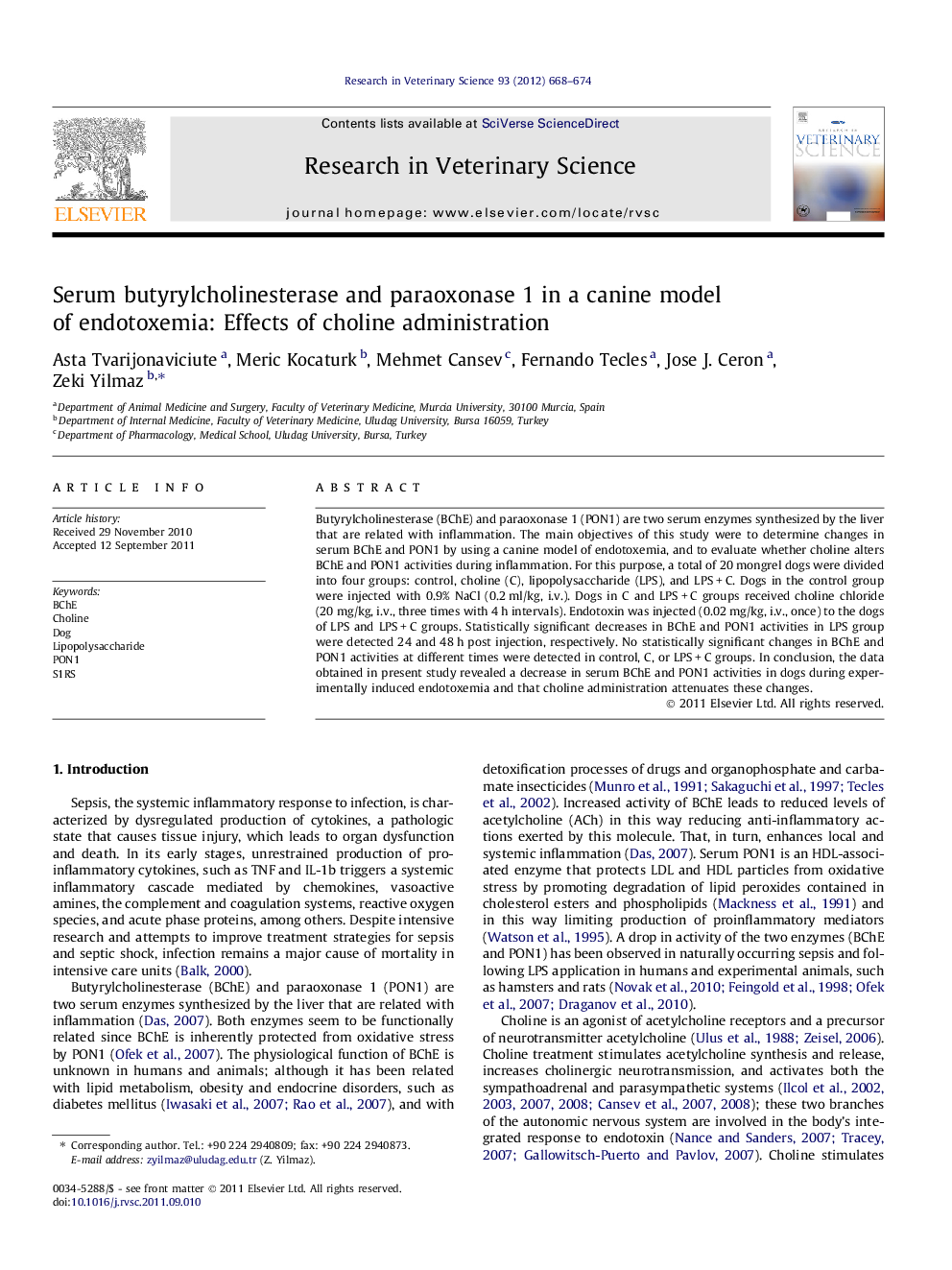 Serum butyrylcholinesterase and paraoxonase 1 in a canine model of endotoxemia: Effects of choline administration