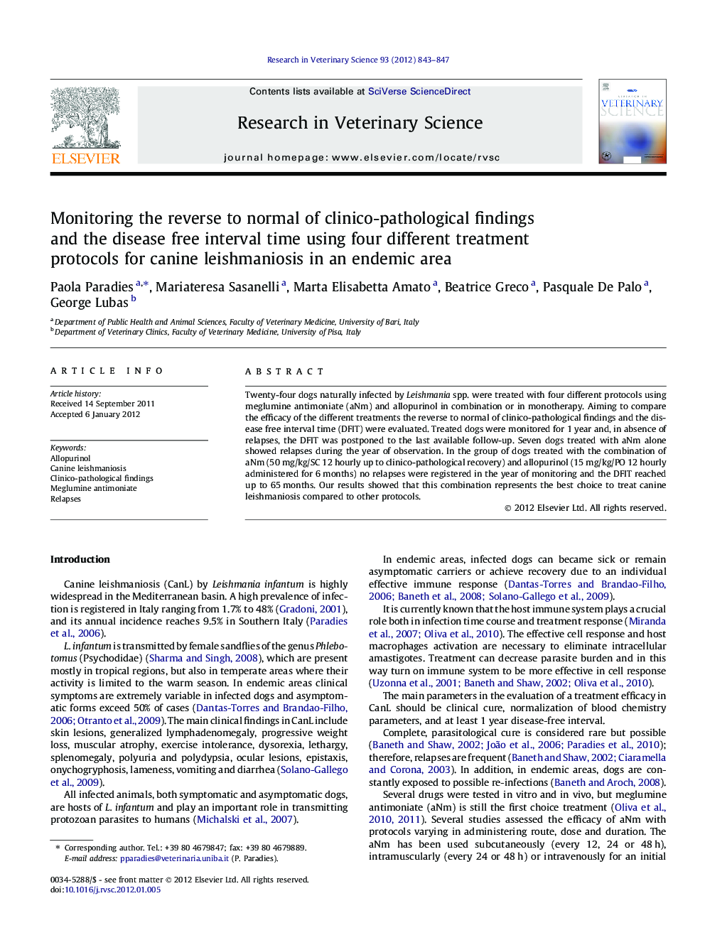 Monitoring the reverse to normal of clinico-pathological findings and the disease free interval time using four different treatment protocols for canine leishmaniosis in an endemic area