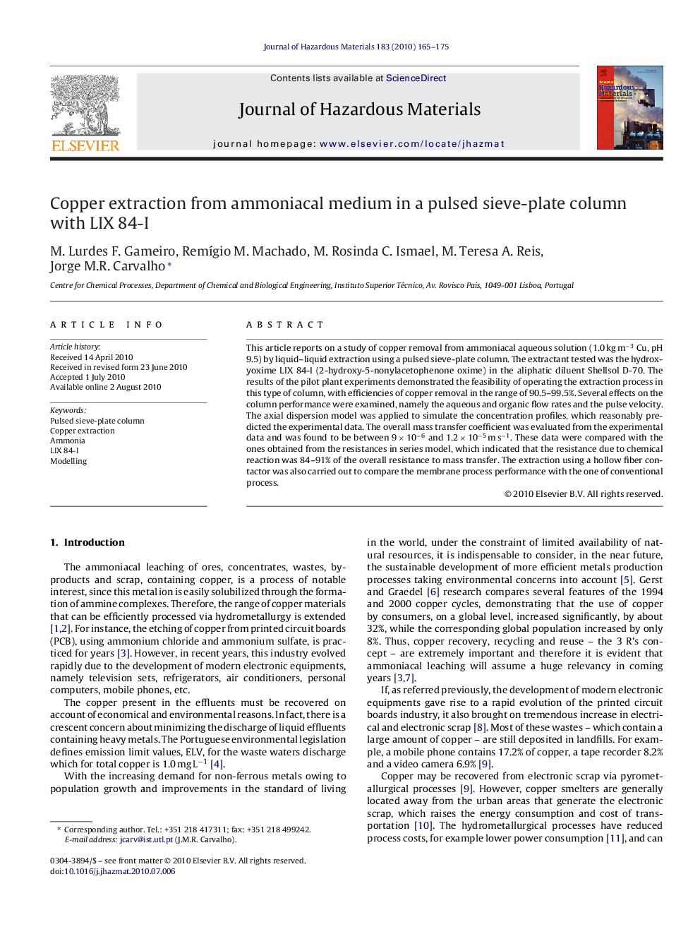 Copper extraction from ammoniacal medium in a pulsed sieve-plate column with LIX 84-I