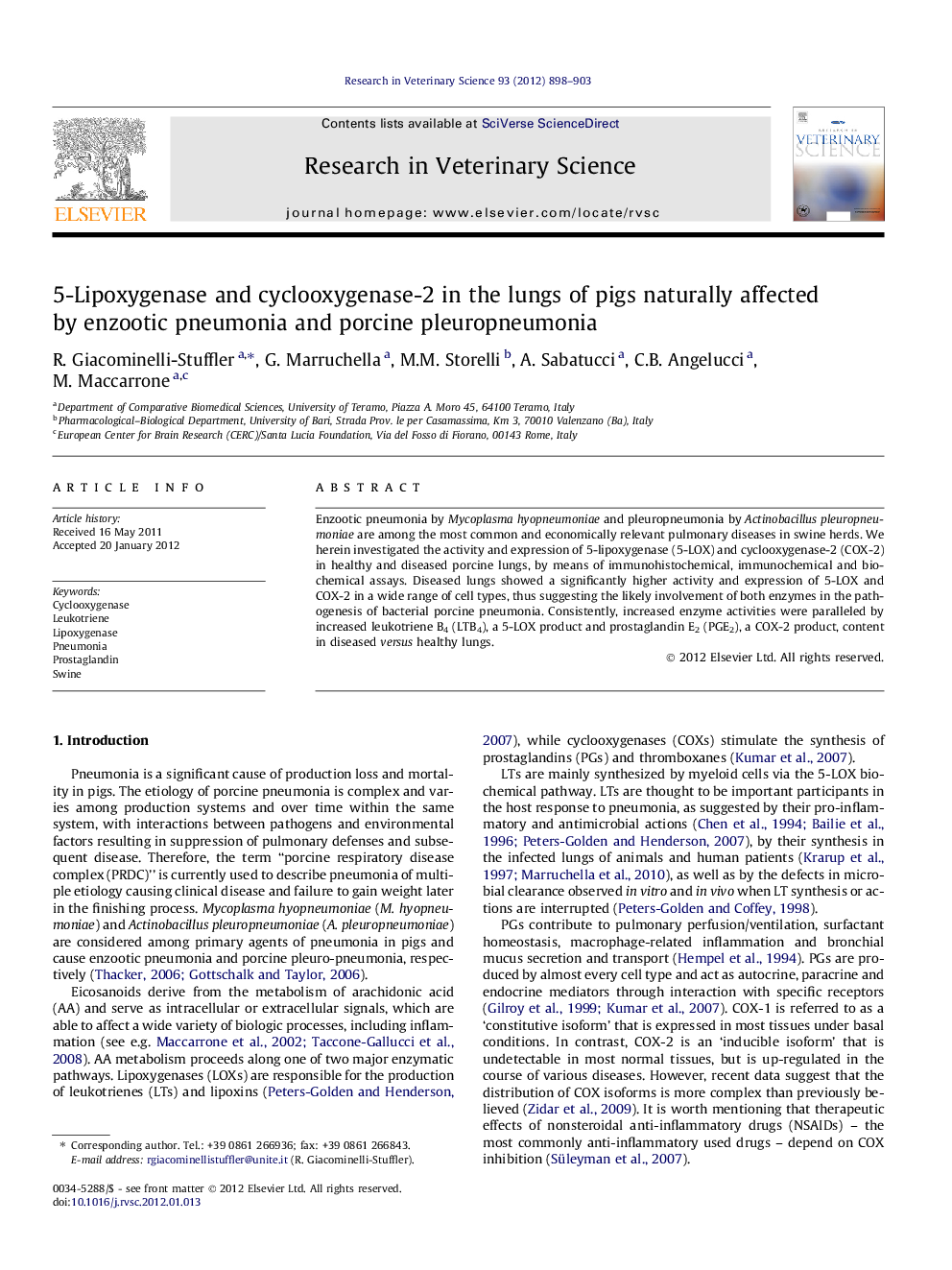 5-Lipoxygenase and cyclooxygenase-2 in the lungs of pigs naturally affected by enzootic pneumonia and porcine pleuropneumonia