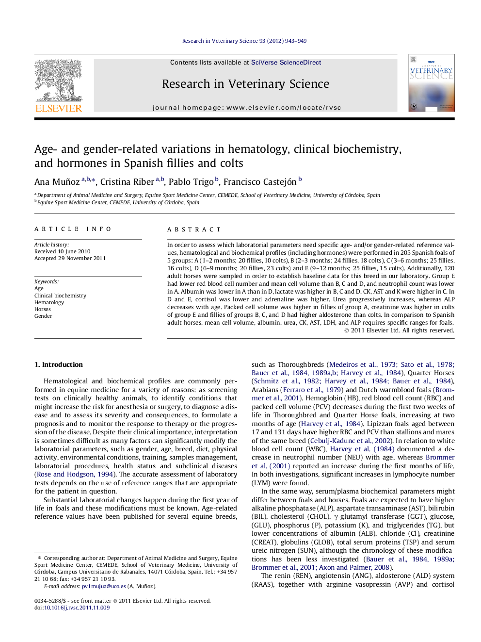 Age- and gender-related variations in hematology, clinical biochemistry, and hormones in Spanish fillies and colts