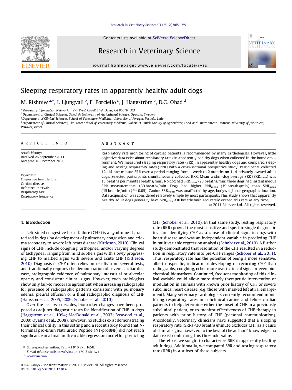 Sleeping respiratory rates in apparently healthy adult dogs