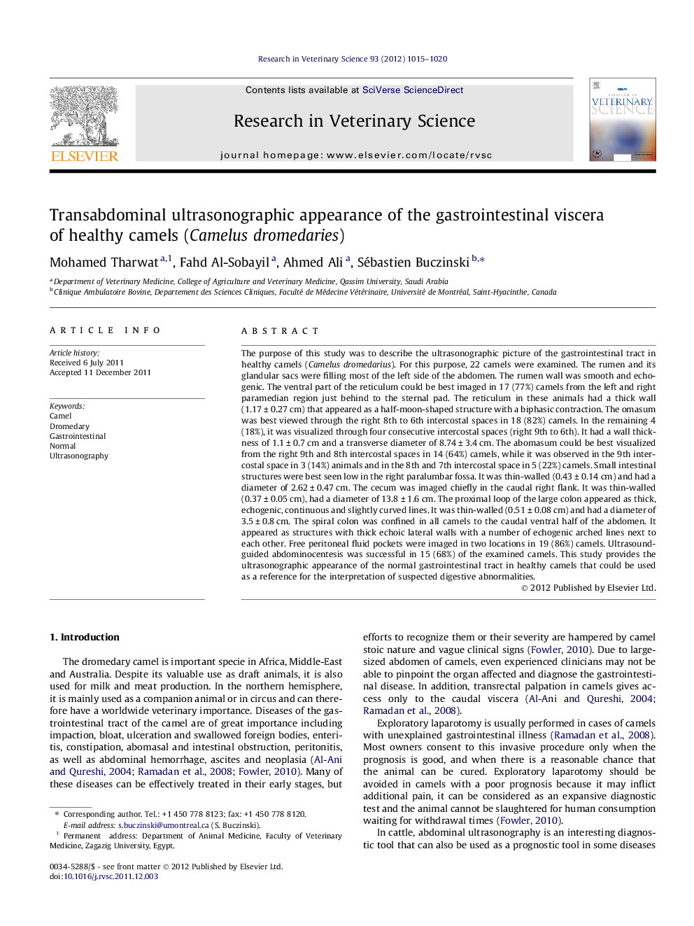 Transabdominal ultrasonographic appearance of the gastrointestinal viscera of healthy camels (Camelus dromedaries)