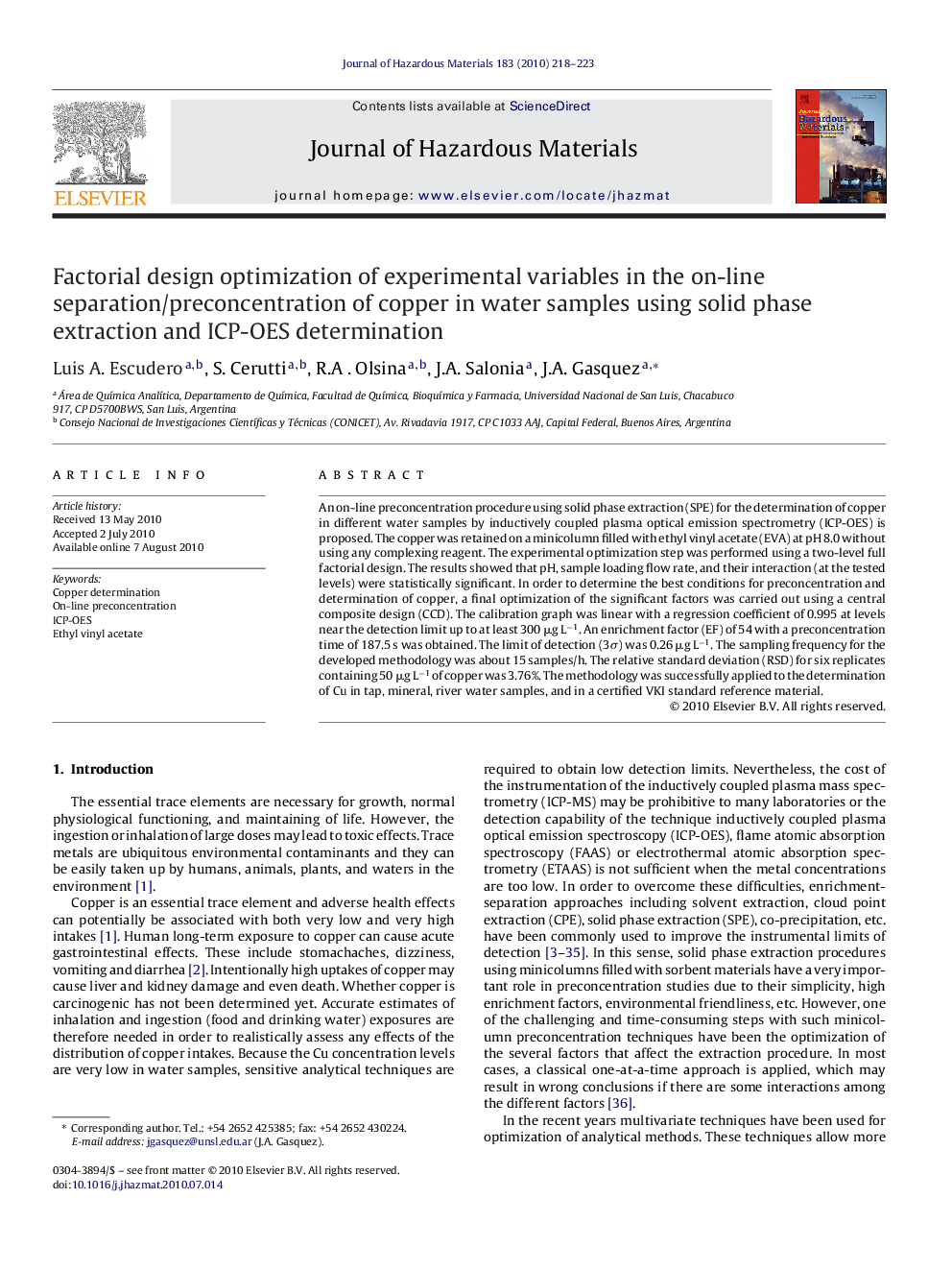 Factorial design optimization of experimental variables in the on-line separation/preconcentration of copper in water samples using solid phase extraction and ICP-OES determination