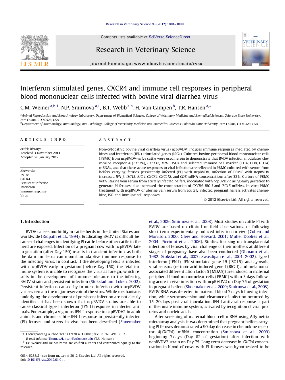 Interferon stimulated genes, CXCR4 and immune cell responses in peripheral blood mononuclear cells infected with bovine viral diarrhea virus