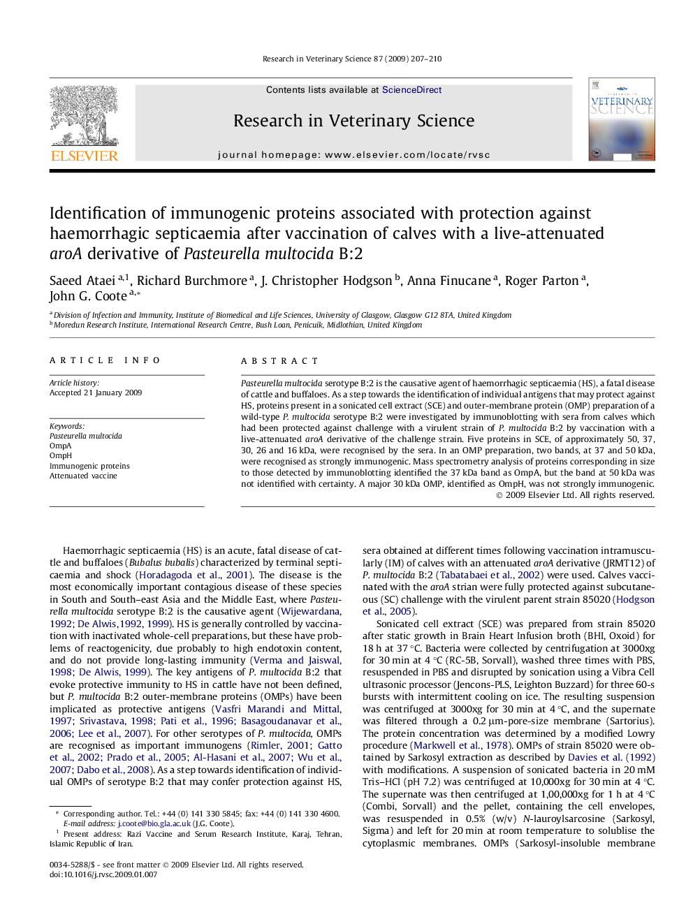 Identification of immunogenic proteins associated with protection against haemorrhagic septicaemia after vaccination of calves with a live-attenuated aroA derivative of Pasteurella multocida B:2