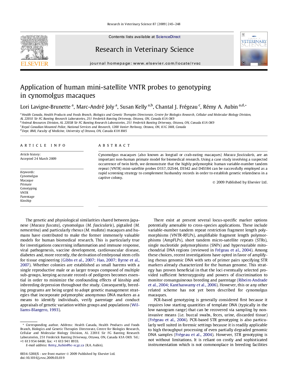 Application of human mini-satellite VNTR probes to genotyping in cynomolgus macaques