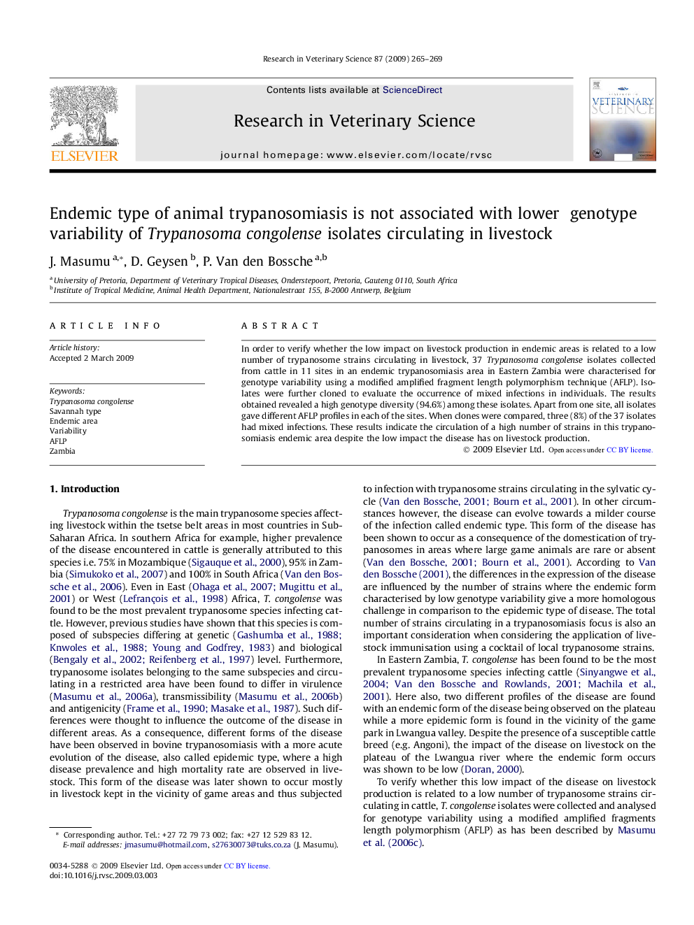 Endemic type of animal trypanosomiasis is not associated with lower genotype variability of Trypanosoma congolense isolates circulating in livestock