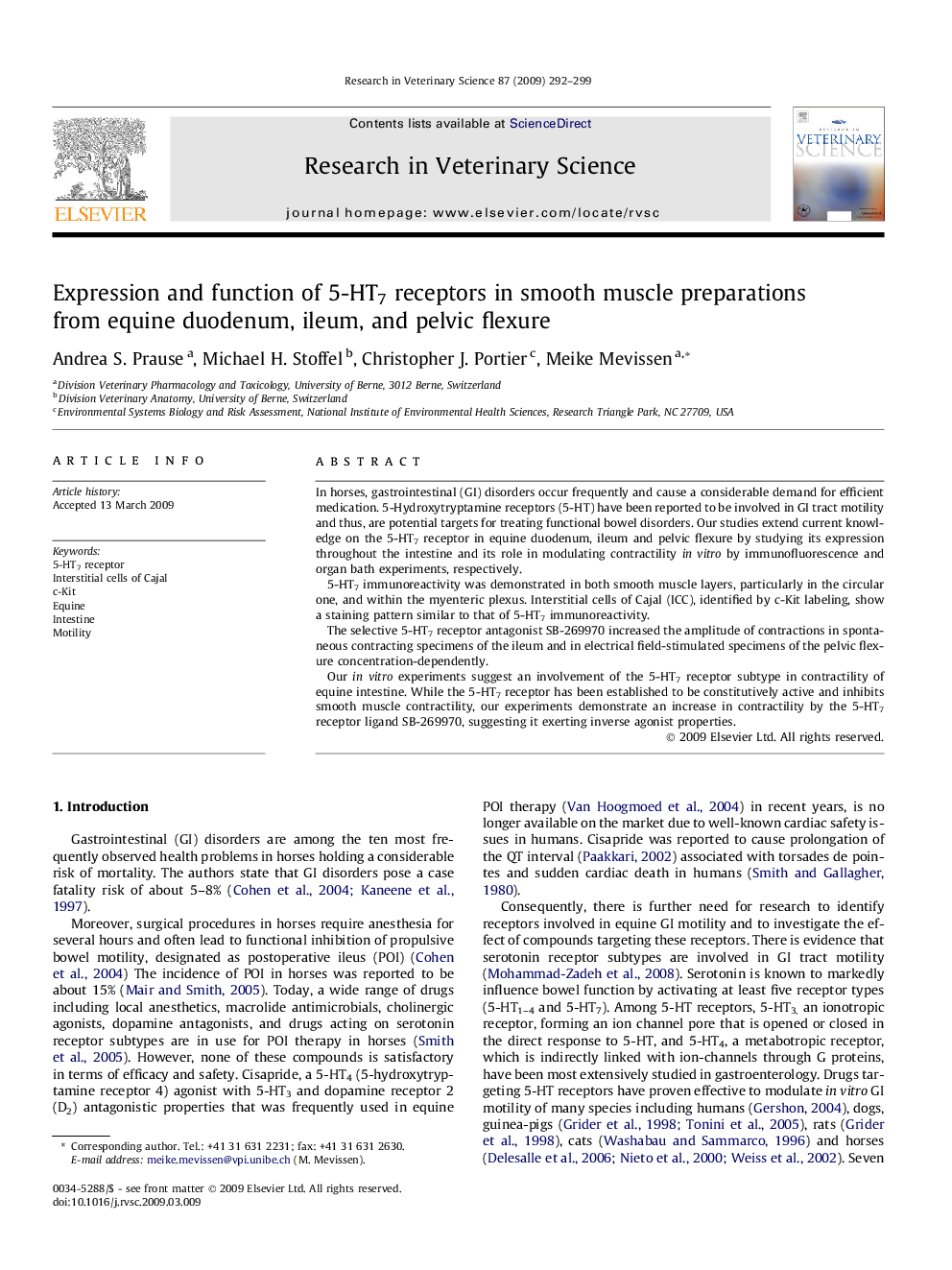 Expression and function of 5-HT7 receptors in smooth muscle preparations from equine duodenum, ileum, and pelvic flexure