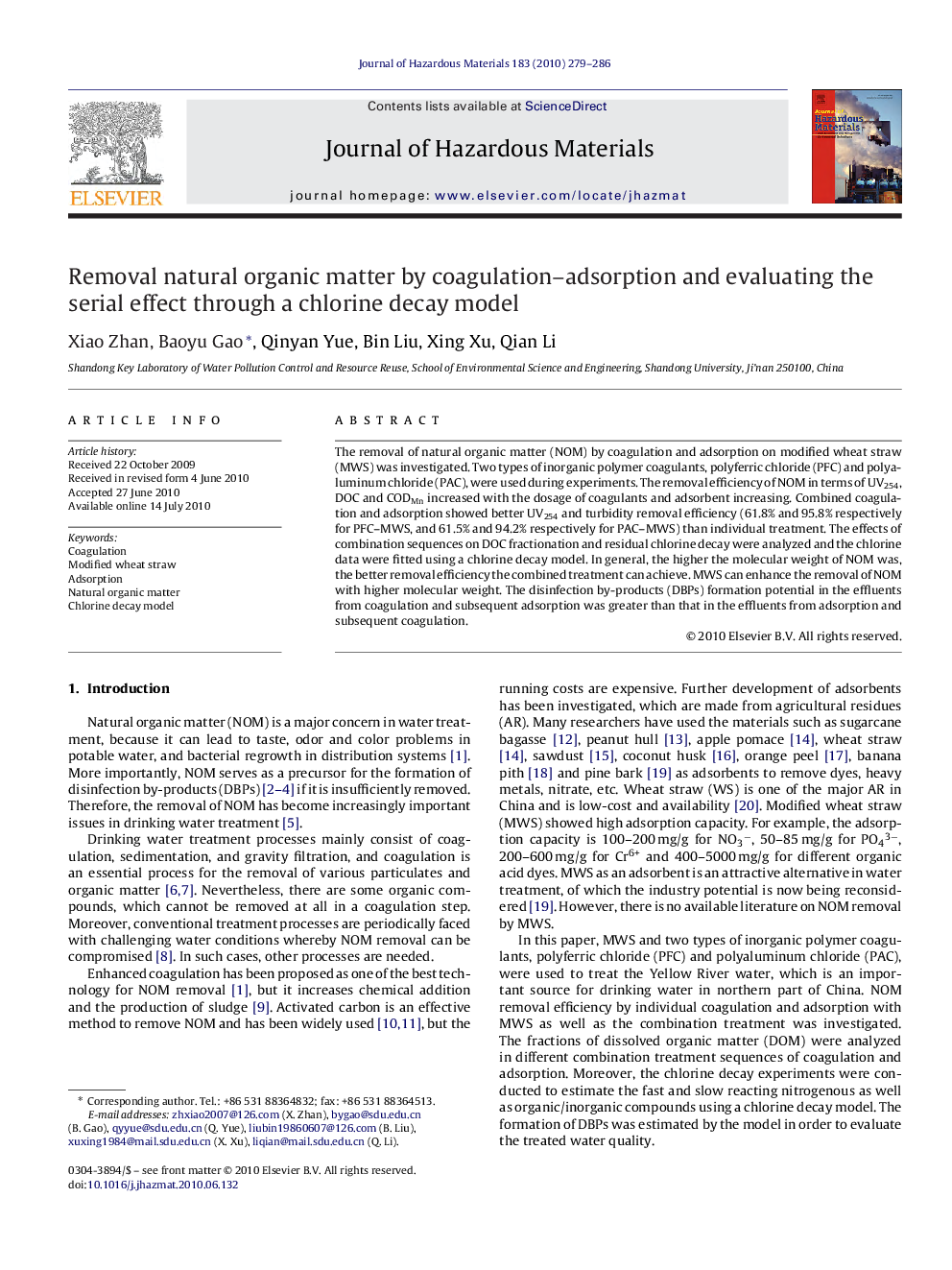 Removal natural organic matter by coagulation-adsorption and evaluating the serial effect through a chlorine decay model