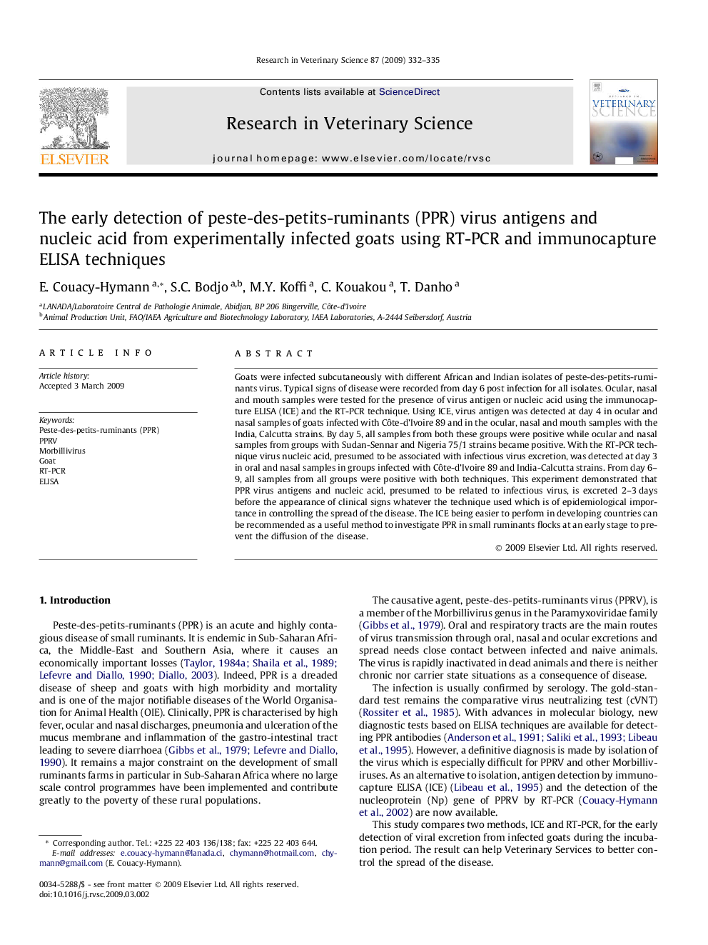 The early detection of peste-des-petits-ruminants (PPR) virus antigens and nucleic acid from experimentally infected goats using RT-PCR and immunocapture ELISA techniques