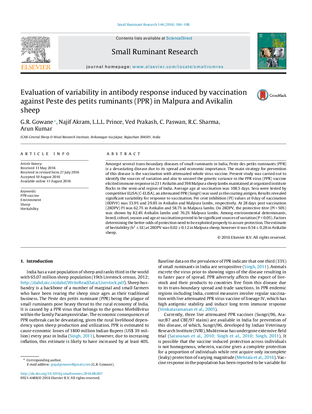 Evaluation of variability in antibody response induced by vaccination against Peste des petits ruminants (PPR) in Malpura and Avikalin sheep