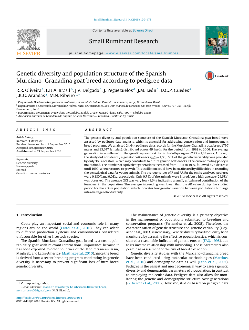 Genetic diversity and population structure of the Spanish Murciano-Granadina goat breed according to pedigree data