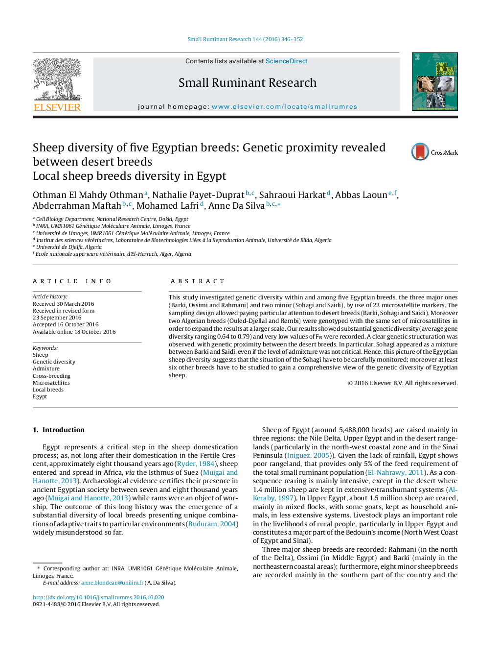 Sheep diversity of five Egyptian breeds: Genetic proximity revealed between desert breeds: Local sheep breeds diversity in Egypt