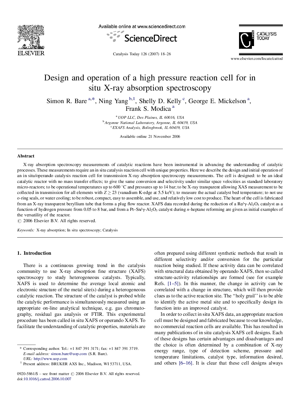 Design and operation of a high pressure reaction cell for in situ X-ray absorption spectroscopy