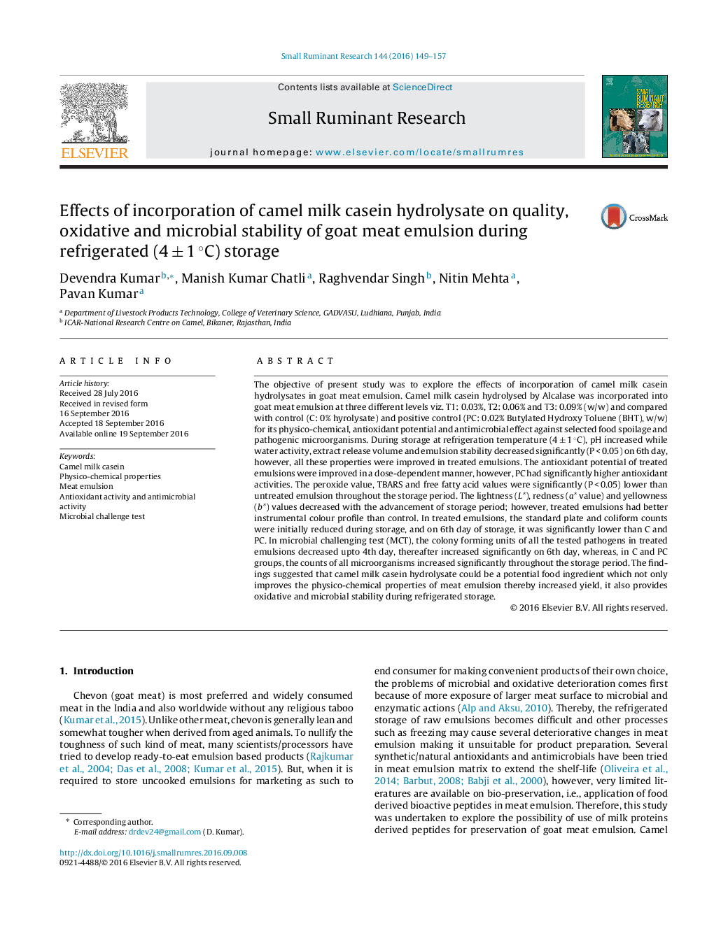 Effects of incorporation of camel milk casein hydrolysate on quality, oxidative and microbial stability of goat meat emulsion during refrigerated (4 Â± 1 Â°C) storage