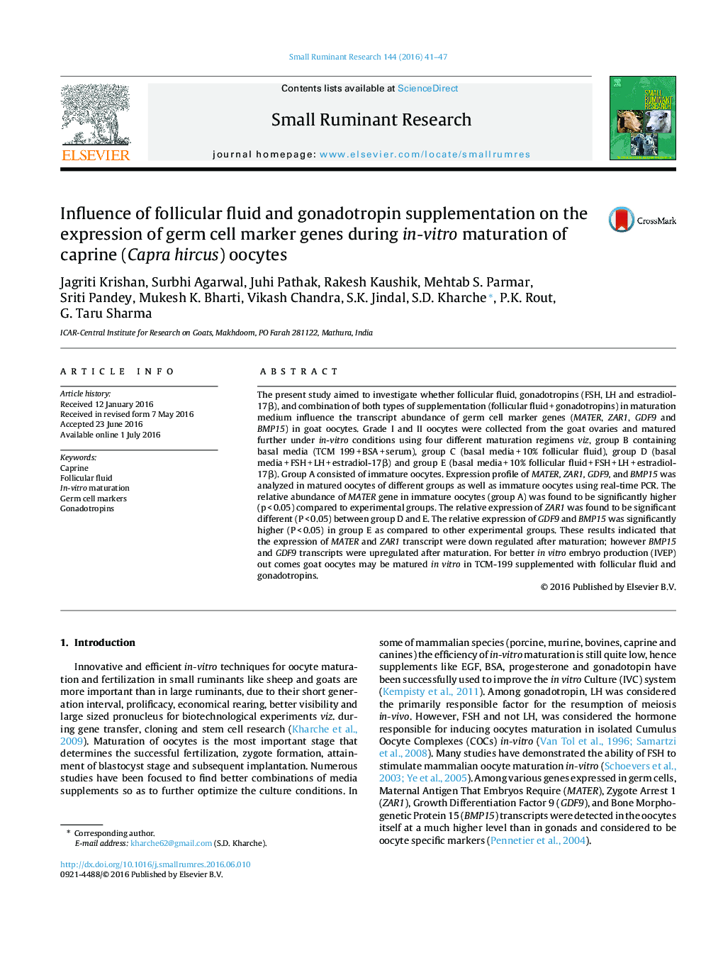 Influence of follicular fluid and gonadotropin supplementation on the expression of germ cell marker genes during in-vitro maturation of caprine (Capra hircus) oocytes