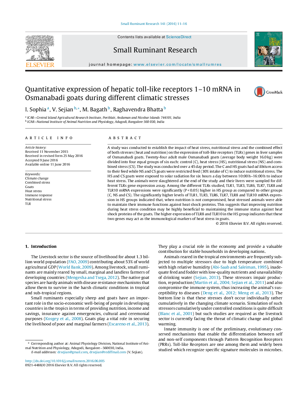 Quantitative expression of hepatic toll-like receptors 1-10 mRNA in Osmanabadi goats during different climatic stresses