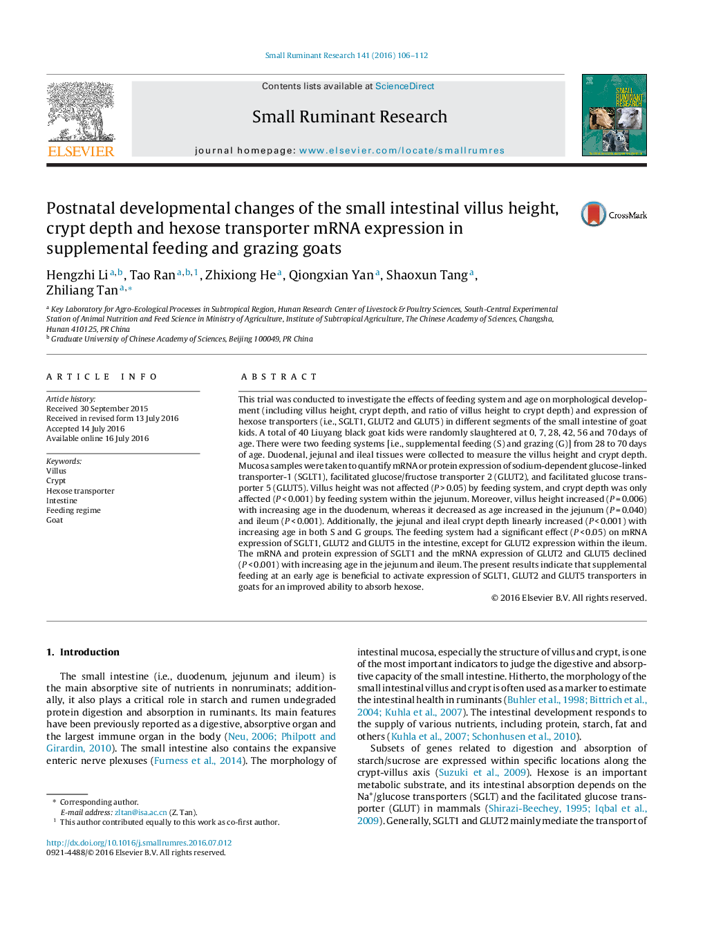 Postnatal developmental changes of the small intestinal villus height, crypt depth and hexose transporter mRNA expression in supplemental feeding and grazing goats