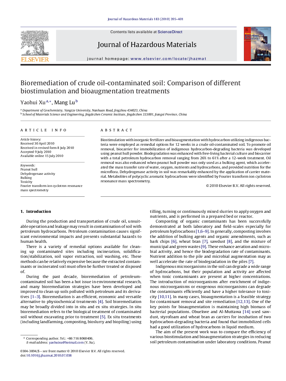 Bioremediation of crude oil-contaminated soil: Comparison of different biostimulation and bioaugmentation treatments