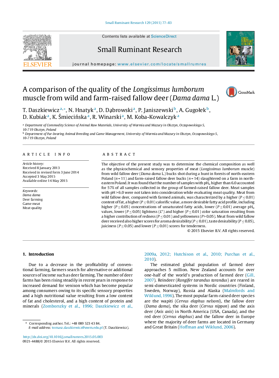 A comparison of the quality of the Longissimus lumborum muscle from wild and farm-raised fallow deer (Dama dama L.)