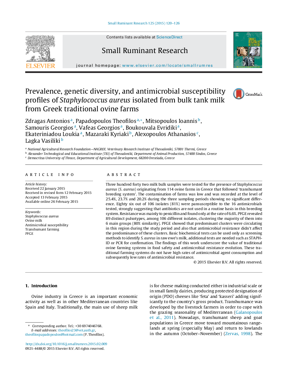 Prevalence, genetic diversity, and antimicrobial susceptibility profiles of Staphylococcus aureus isolated from bulk tank milk from Greek traditional ovine farms