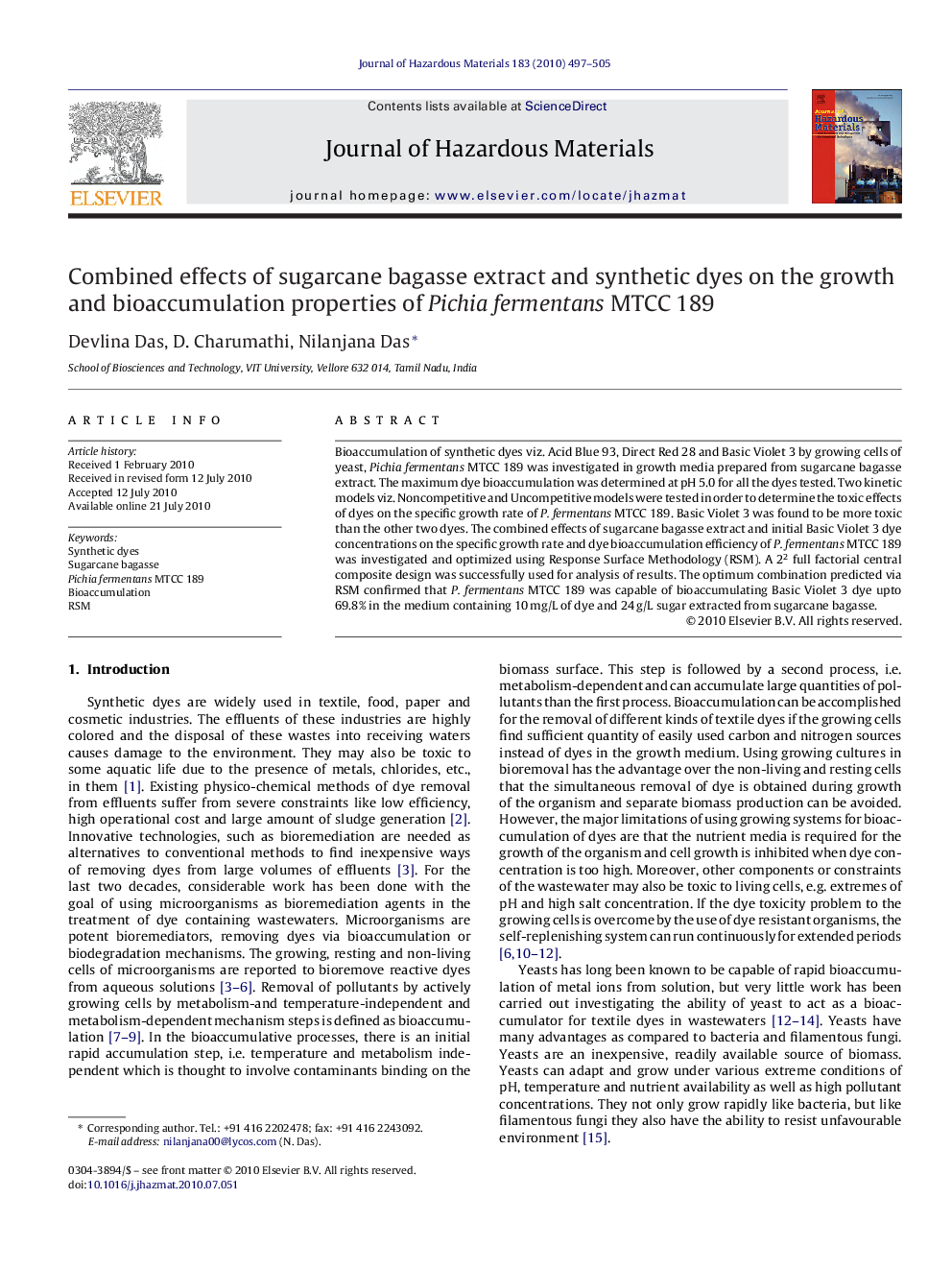 Combined effects of sugarcane bagasse extract and synthetic dyes on the growth and bioaccumulation properties of Pichia fermentans MTCC 189