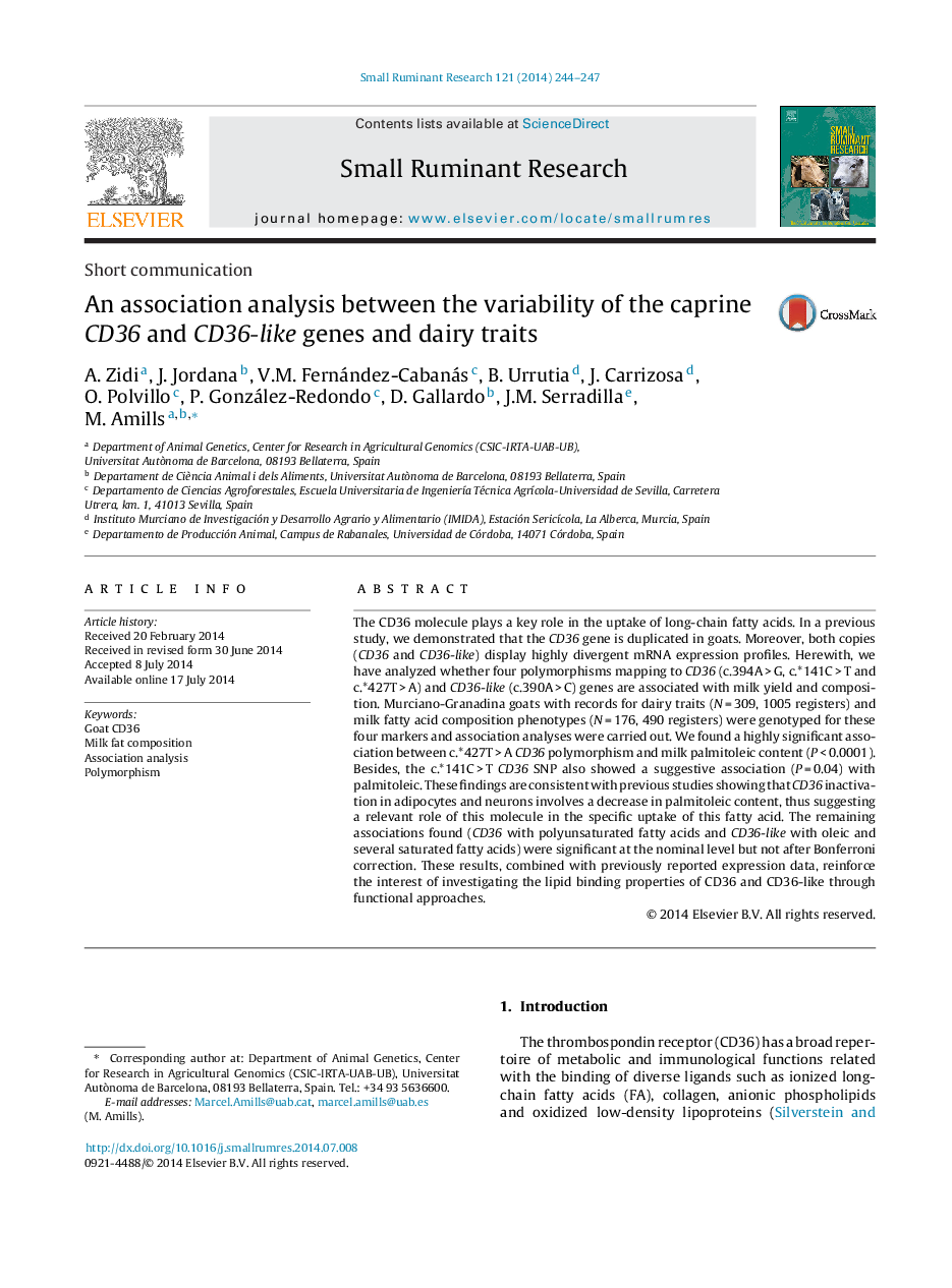 An association analysis between the variability of the caprine CD36 and CD36-like genes and dairy traits