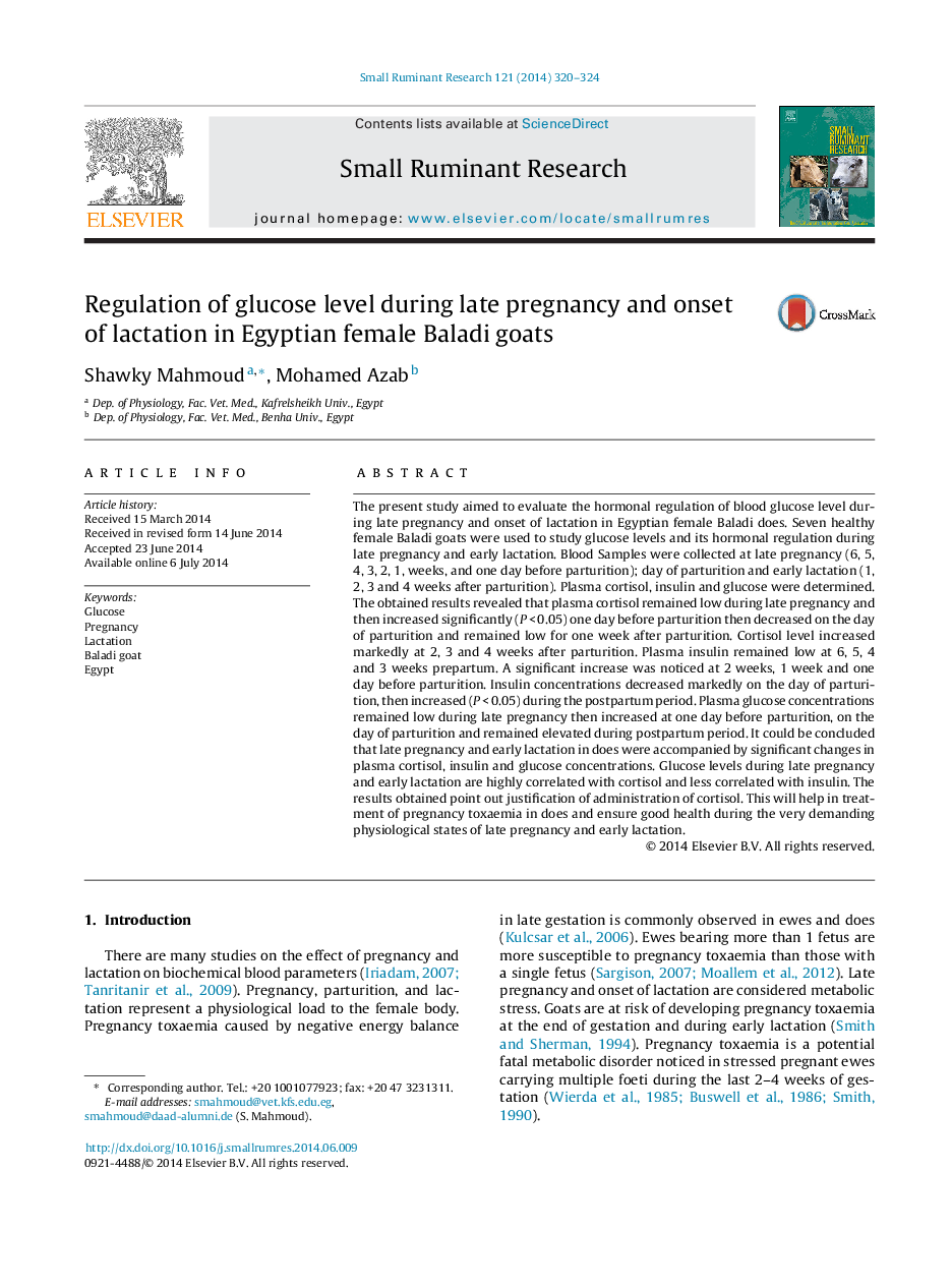 Regulation of glucose level during late pregnancy and onset of lactation in Egyptian female Baladi goats