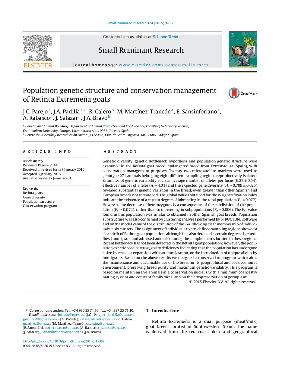 Population genetic structure and conservation management of Retinta Extremeña goats