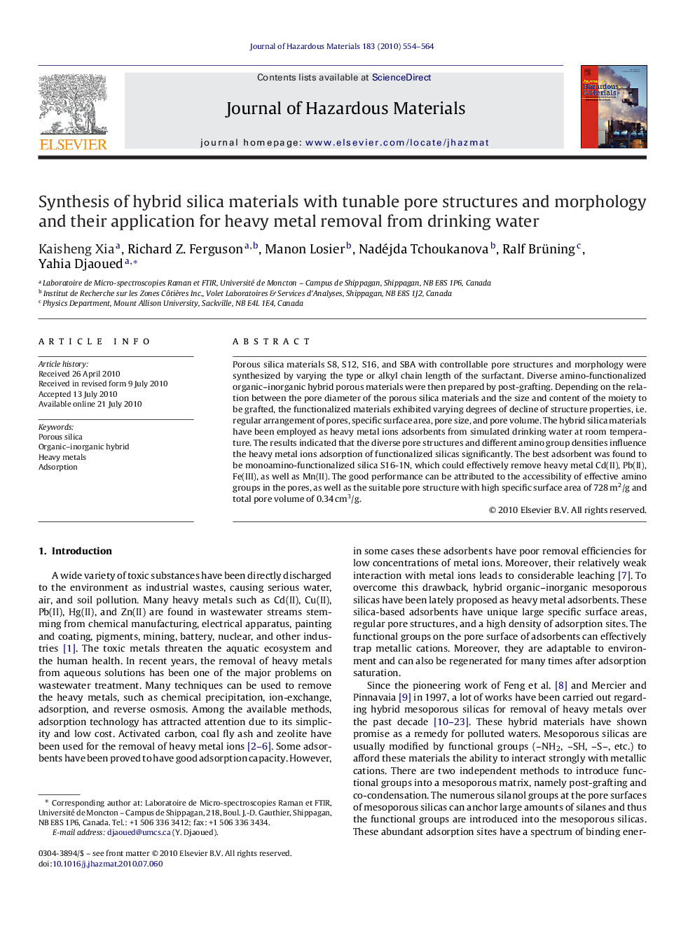 Synthesis of hybrid silica materials with tunable pore structures and morphology and their application for heavy metal removal from drinking water