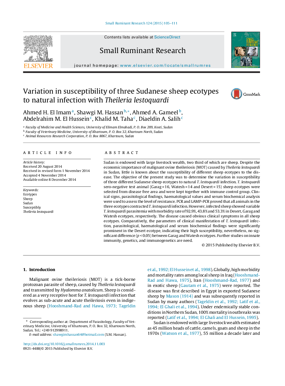 Variation in susceptibility of three Sudanese sheep ecotypes to natural infection with Theileria lestoquardi