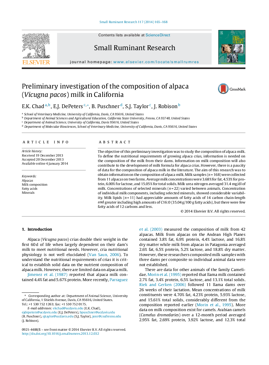 Preliminary investigation of the composition of alpaca (Vicugna pacos) milk in California