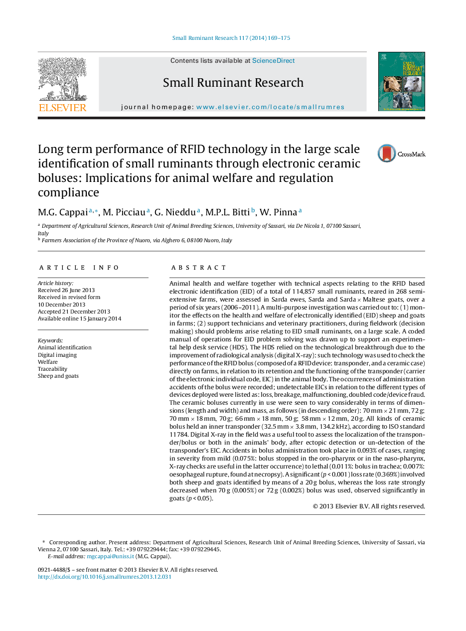 Long term performance of RFID technology in the large scale identification of small ruminants through electronic ceramic boluses: Implications for animal welfare and regulation compliance