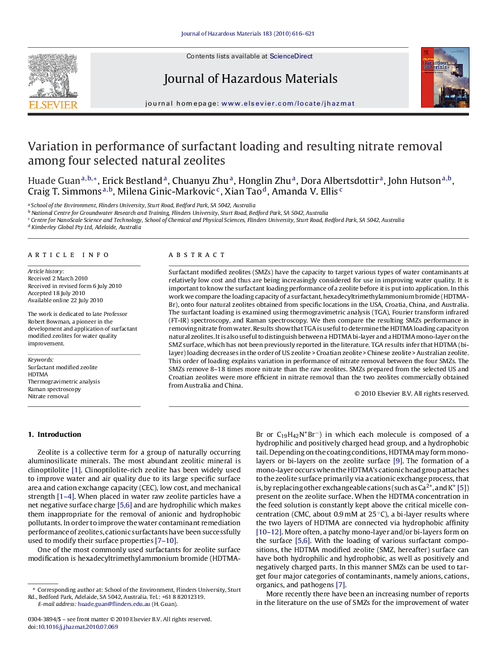 Variation in performance of surfactant loading and resulting nitrate removal among four selected natural zeolites