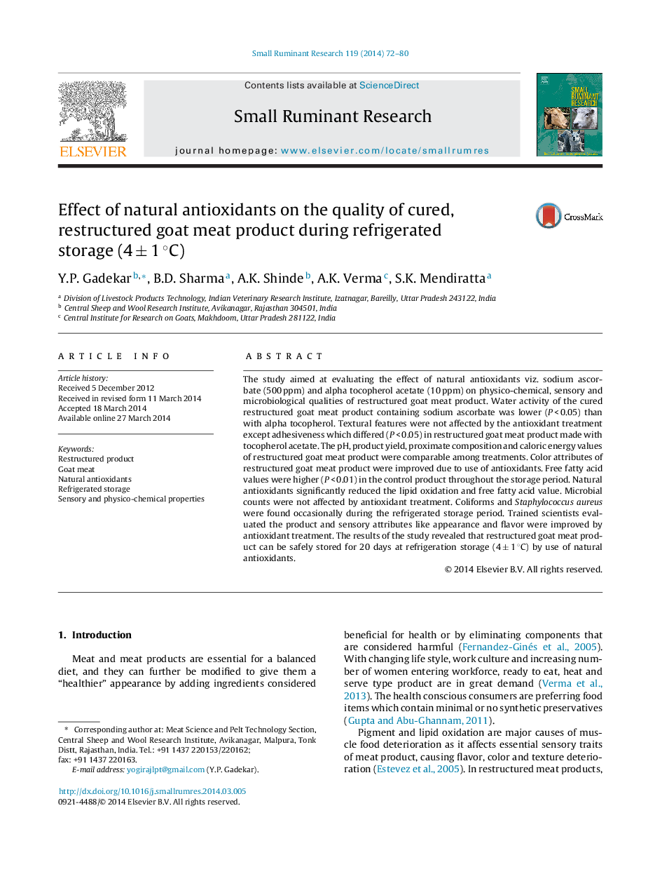 Effect of natural antioxidants on the quality of cured, restructured goat meat product during refrigerated storage (4 Â± 1 Â°C)