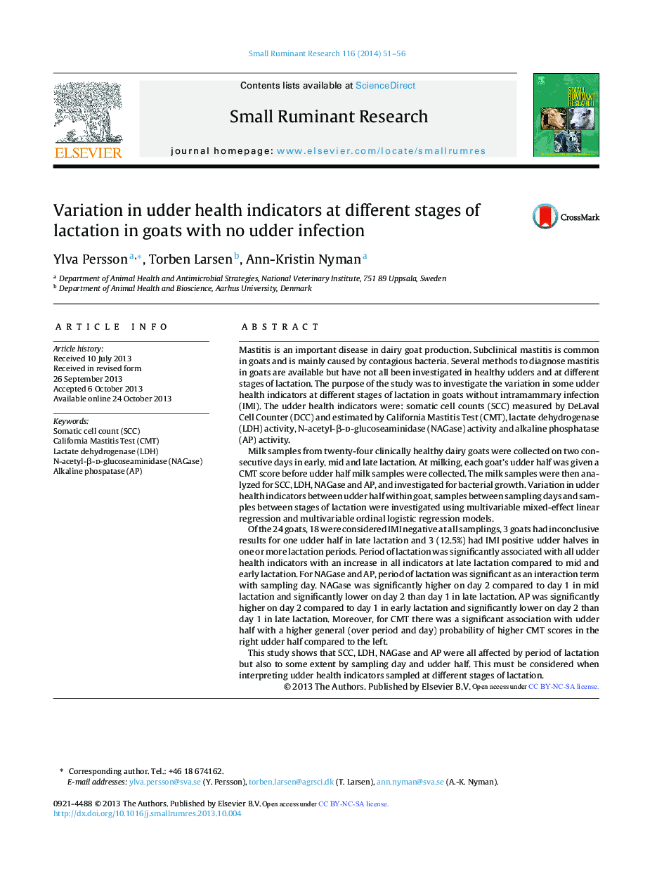 Variation in udder health indicators at different stages of lactation in goats with no udder infection
