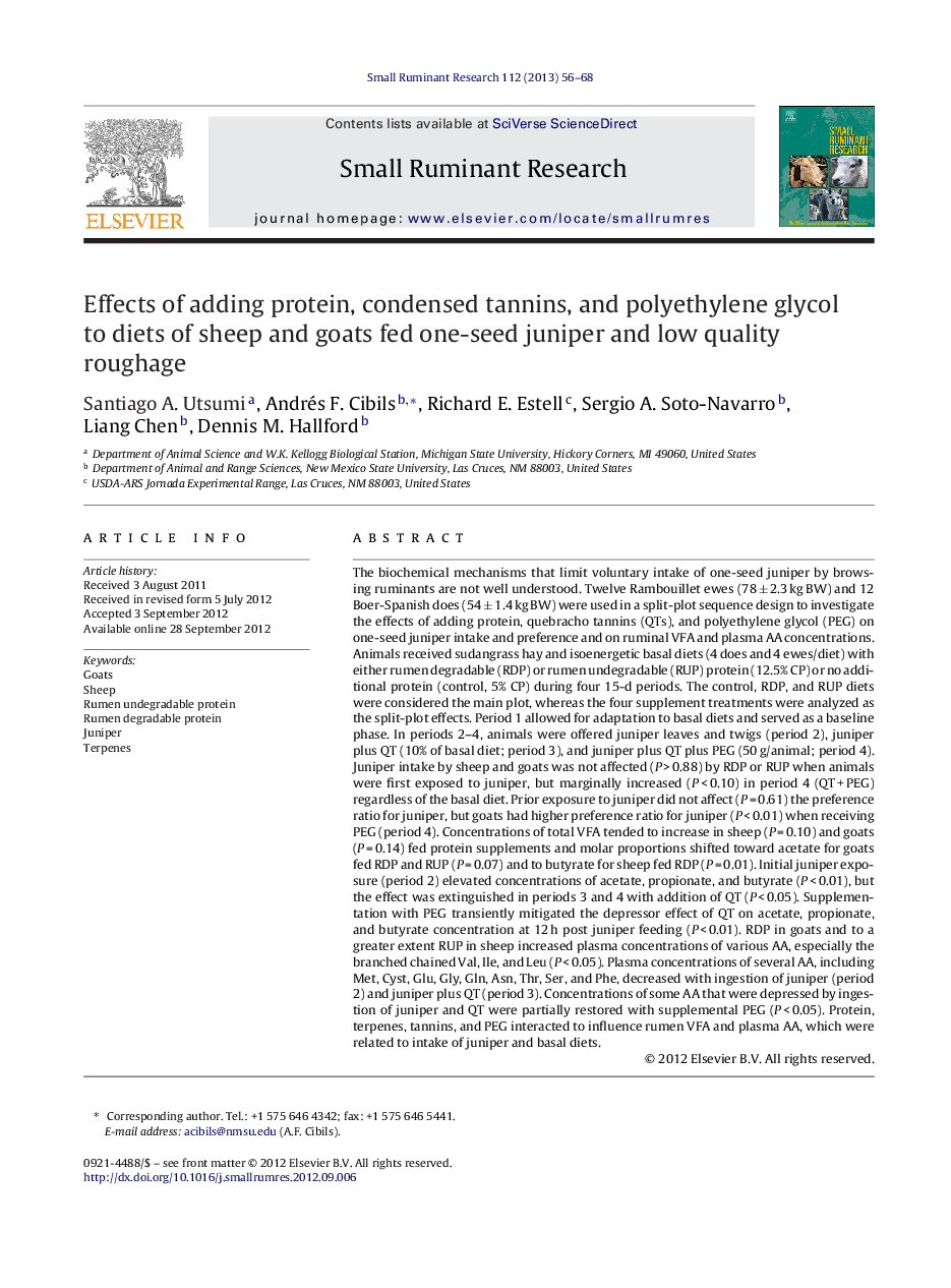 Effects of adding protein, condensed tannins, and polyethylene glycol to diets of sheep and goats fed one-seed juniper and low quality roughage