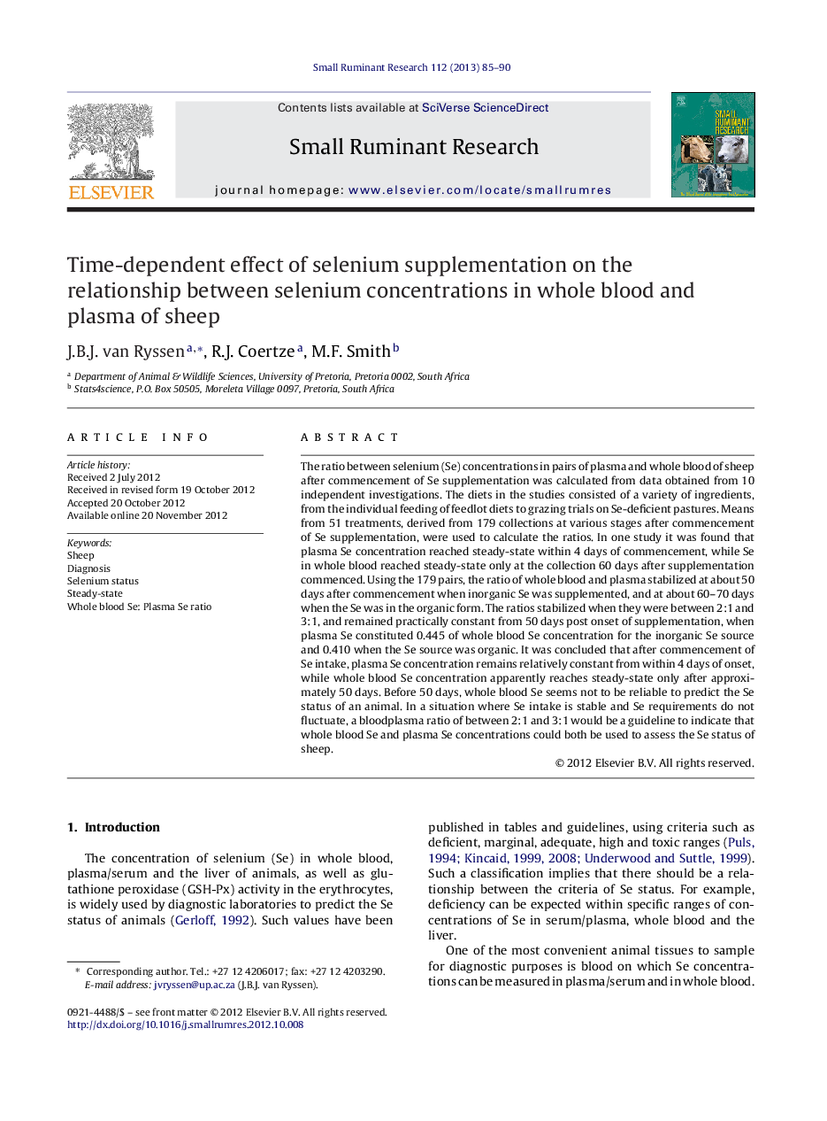 Time-dependent effect of selenium supplementation on the relationship between selenium concentrations in whole blood and plasma of sheep