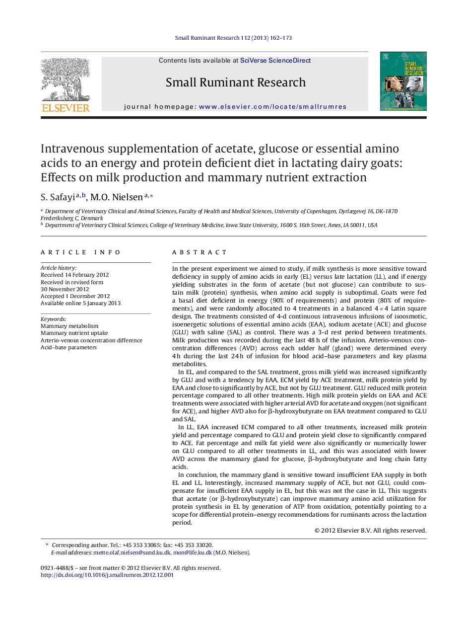 Intravenous supplementation of acetate, glucose or essential amino acids to an energy and protein deficient diet in lactating dairy goats: Effects on milk production and mammary nutrient extraction