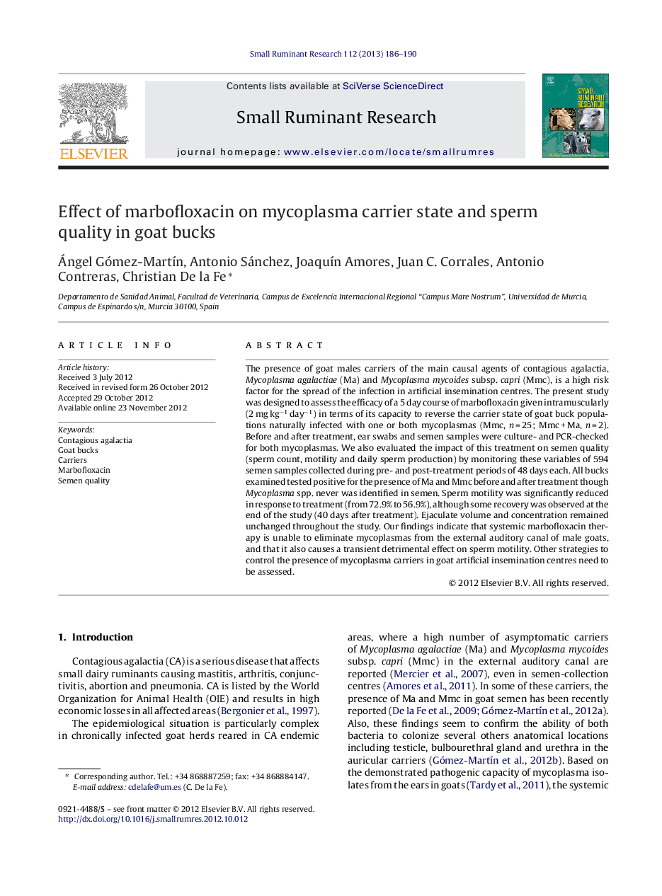 Effect of marbofloxacin on mycoplasma carrier state and sperm quality in goat bucks