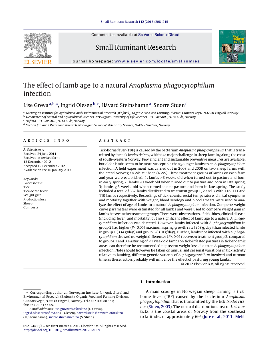 The effect of lamb age to a natural Anaplasma phagocytophilum infection